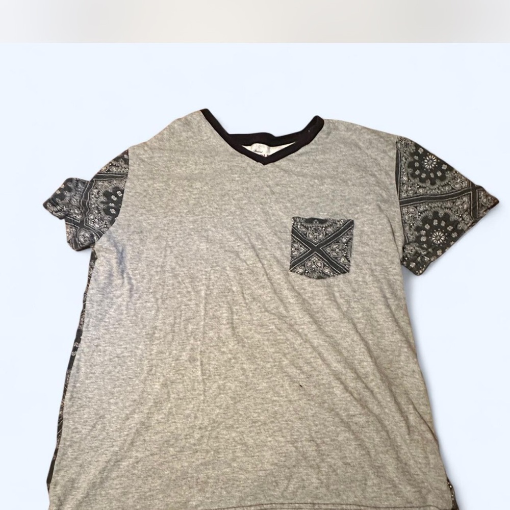 Men's Gray V-Neck Shirt with Patterned Sleeves
